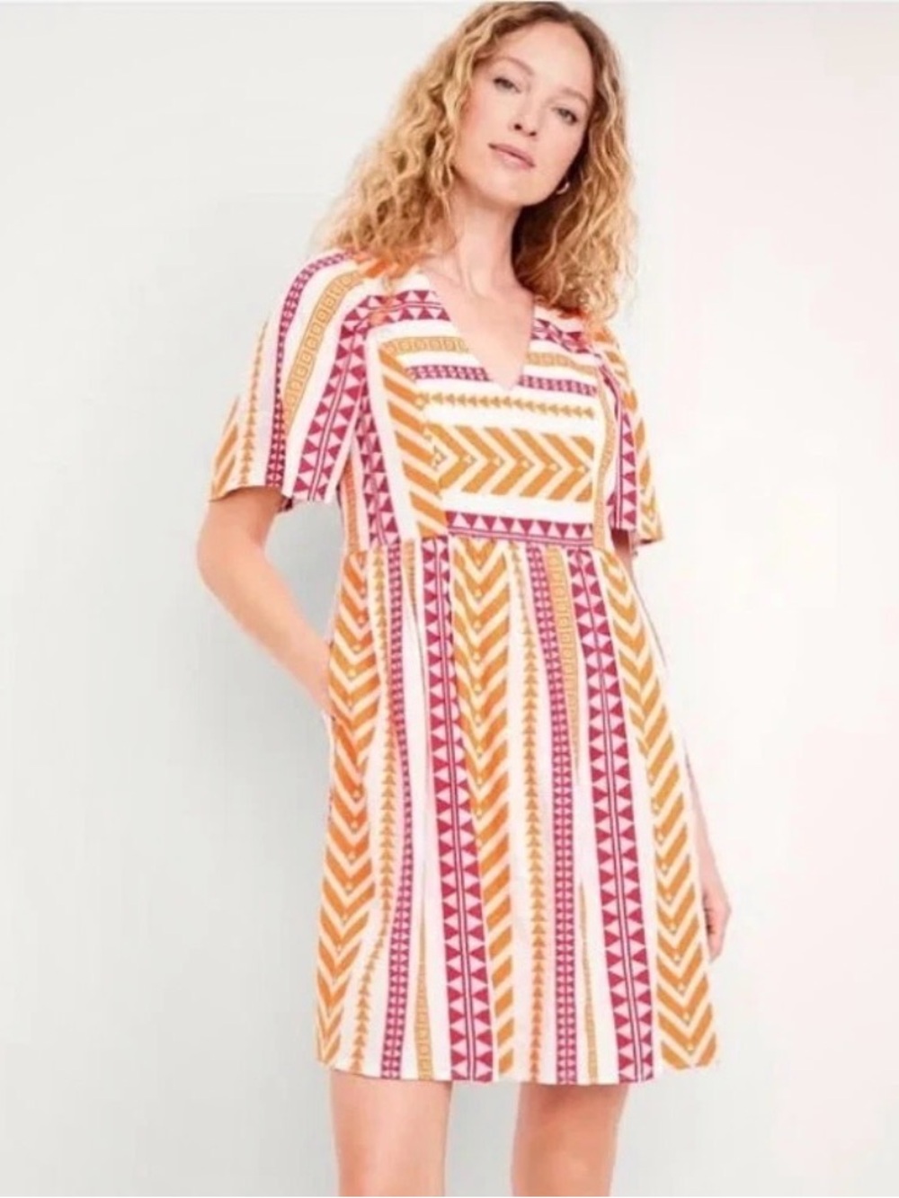 Old Navy Women’s Jacquard Mini Swing Dress Small, Pink/orange Boho Geometric
